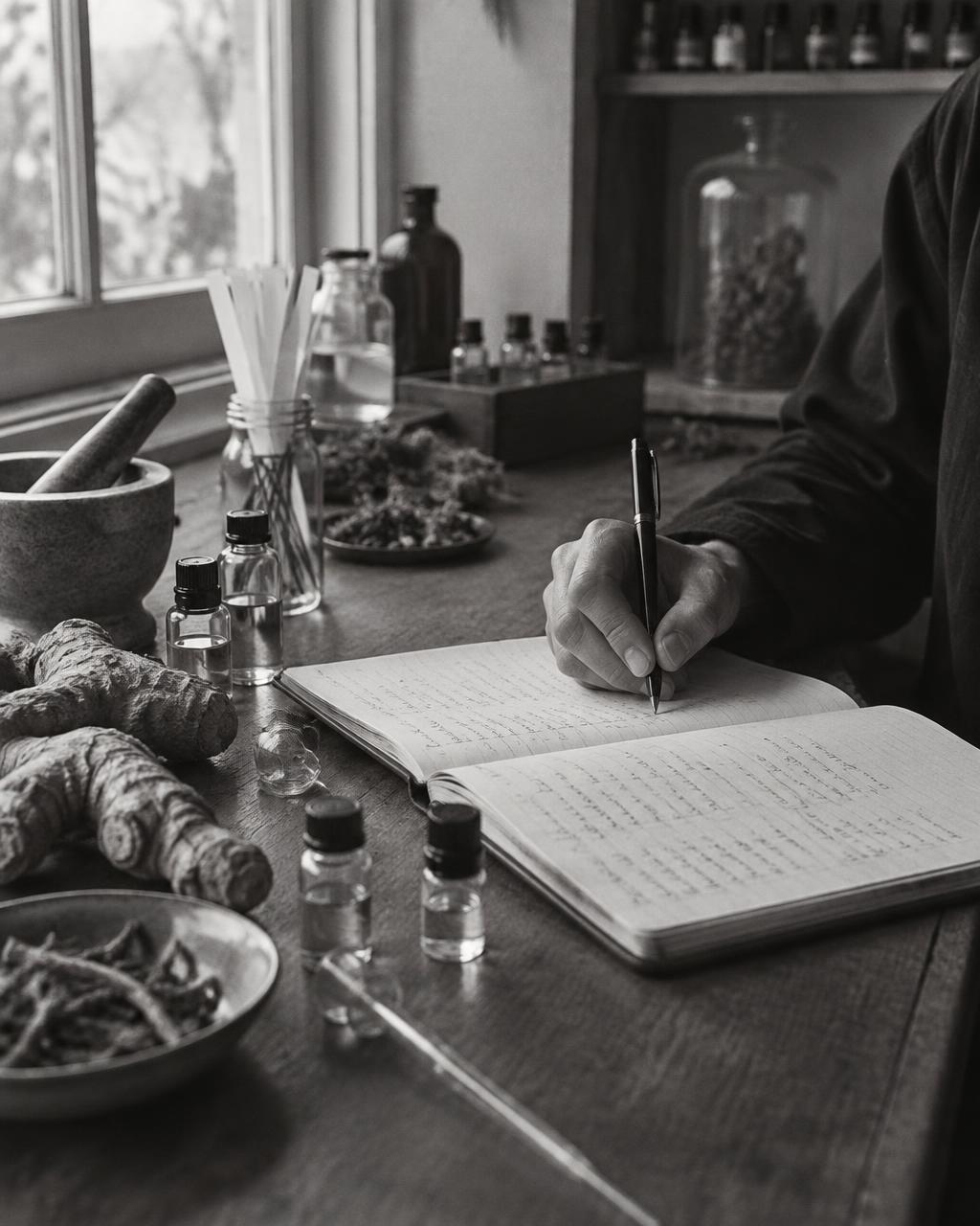 Black-and-white archive photograph of handwritten fragrance formulas in the Oudisan atelier